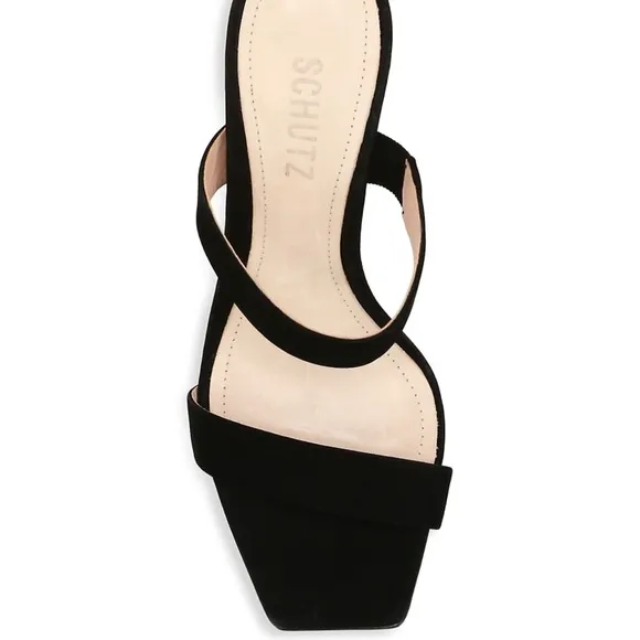 Schutz Maribel Black 100% Leather Suede Block Heel Square Toe Mules