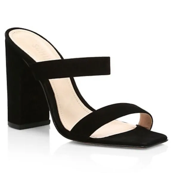 Schutz Maribel Black 100% Leather Suede Block Heel Square Toe Mules