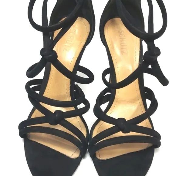 Schutz Mindy Knot Suede Strappy Stiletto Heel Black Size 10