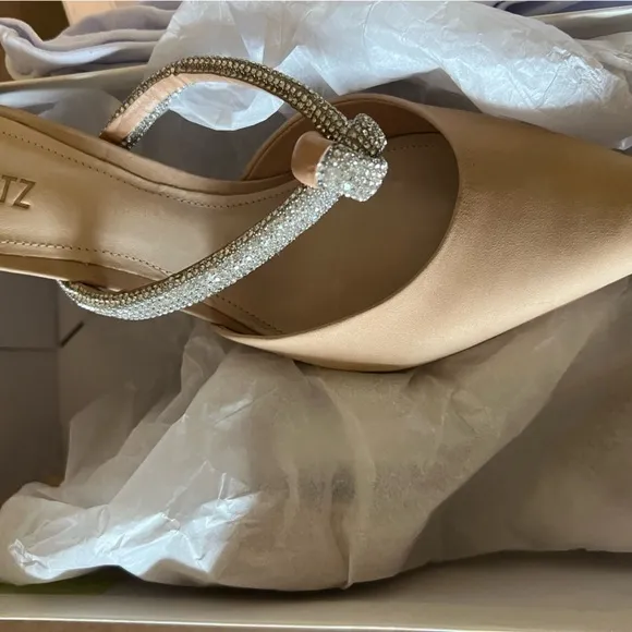 🆕Schutz Pearl Pointed Toe Stiletto Heel Mule::Light Nude::Crystal Vamp Strap::