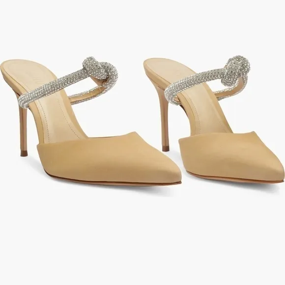 🆕Schutz Pearl Pointed Toe Stiletto Heel Mule::Light Nude::Crystal Vamp Strap::