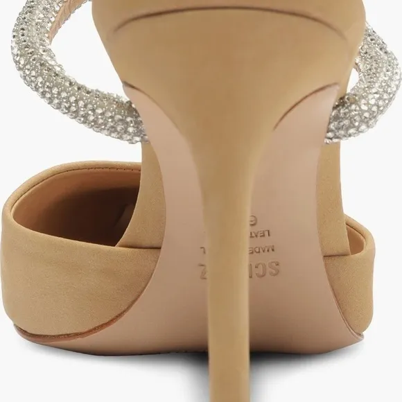 🆕Schutz Pearl Pointed Toe Stiletto Heel Mule::Light Nude::Crystal Vamp Strap::