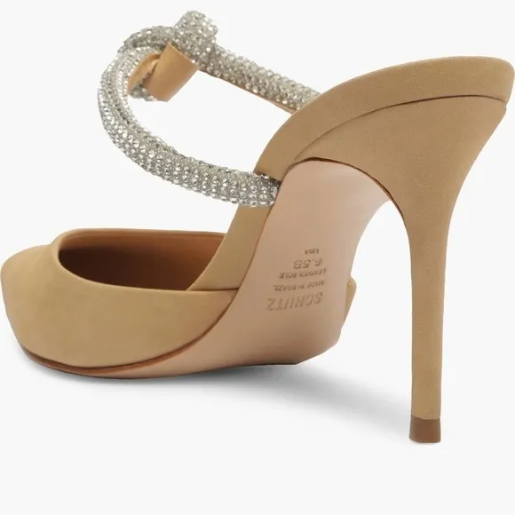 🆕Schutz Pearl Pointed Toe Stiletto Heel Mule::Light Nude::Crystal Vamp Strap::