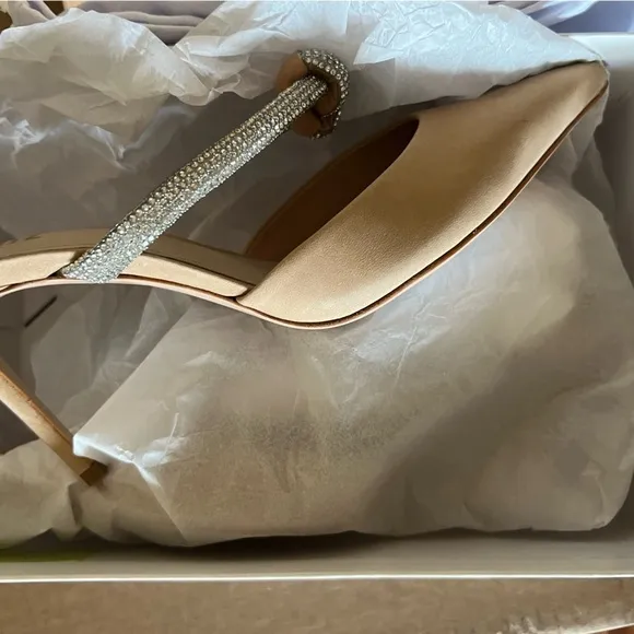 🆕Schutz Pearl Pointed Toe Stiletto Heel Mule::Light Nude::Crystal Vamp Strap::
