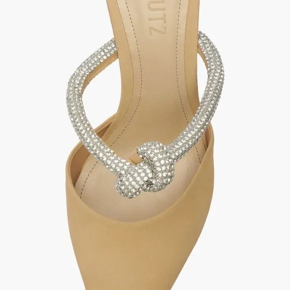 🆕Schutz Pearl Pointed Toe Stiletto Heel Mule::Light Nude::Crystal Vamp Strap::