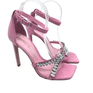 Schutz Pink Linsey Nubuck &amp; Rhinestone Embellished Strappy Heels Sandal 8B