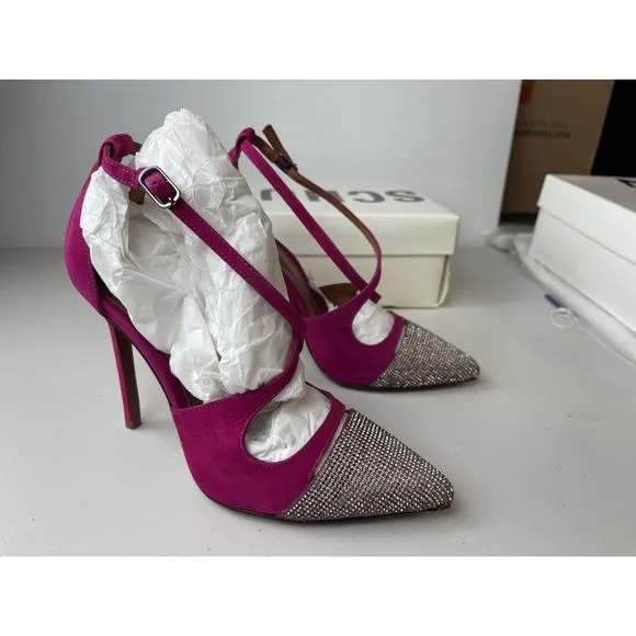 Schutz Pink Suede &amp; Crystal Embellished Pointed-Toe Heels - Size 8B