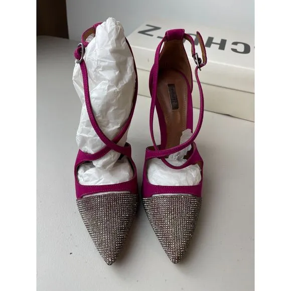 Schutz Pink Suede &amp; Crystal Embellished Pointed-Toe Heels - Size 8B