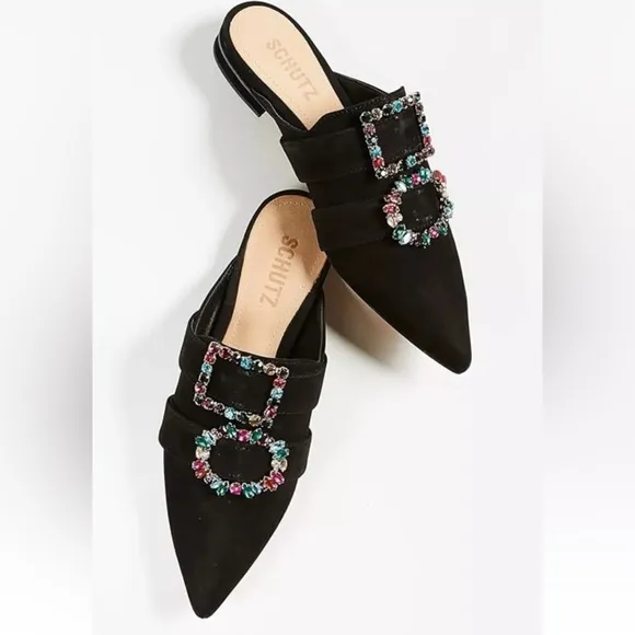 Schutz Rebeca Jeweled Mules Size 8.5 Black Suede Flats Pointy Toe NEW $200