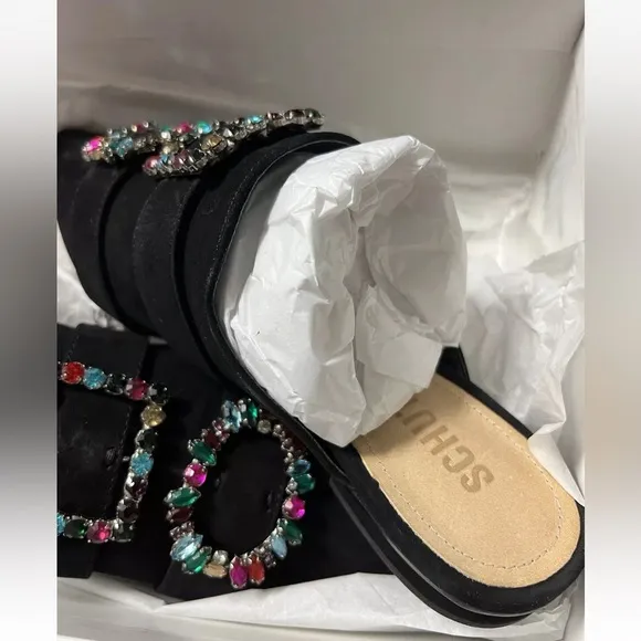 Schutz Rebeca Jeweled Mules Size 8.5 Black Suede Flats Pointy Toe NEW $200