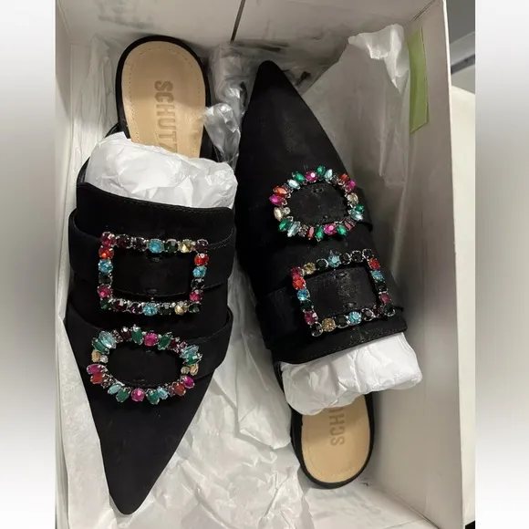 Schutz Rebeca Jeweled Mules Size 8.5 Black Suede Flats Pointy Toe NEW $200