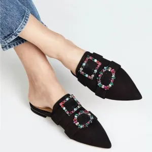 Schutz Rebeca Jeweled Mules Size 8.5 Black Suede Flats Pointy Toe NEW $200