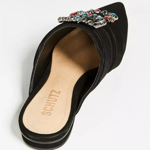 Schutz Rebeca Jeweled Mules Size 8.5 Black Suede Flats Pointy Toe NEW $200