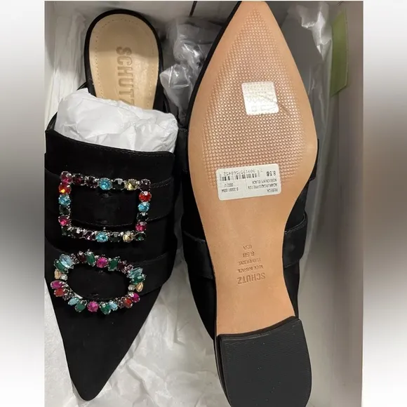 Schutz Rebeca Jeweled Mules Size 8.5 Black Suede Flats Pointy Toe NEW $200