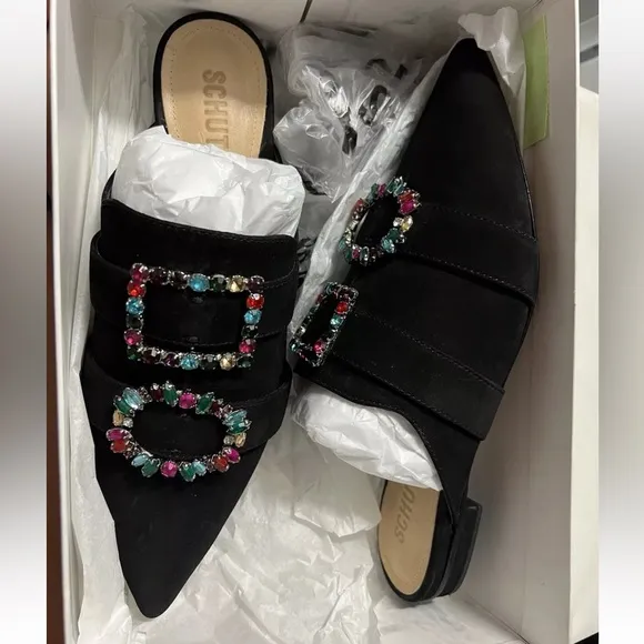 Schutz Rebeca Jeweled Mules Size 8.5 Black Suede Flats Pointy Toe NEW $200