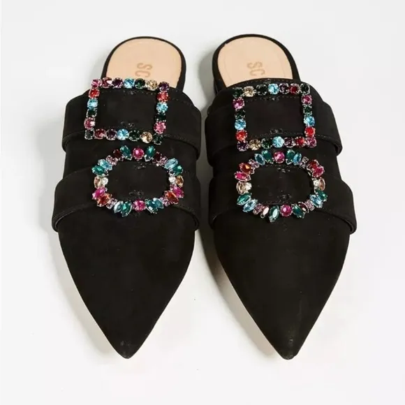 Schutz Rebeca Jeweled Mules Size 8.5 Black Suede Flats Pointy Toe NEW $200