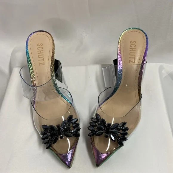 SCHUTZ  Shary Metallic Snake Rainbow Embellished Heels Size 6 NIB