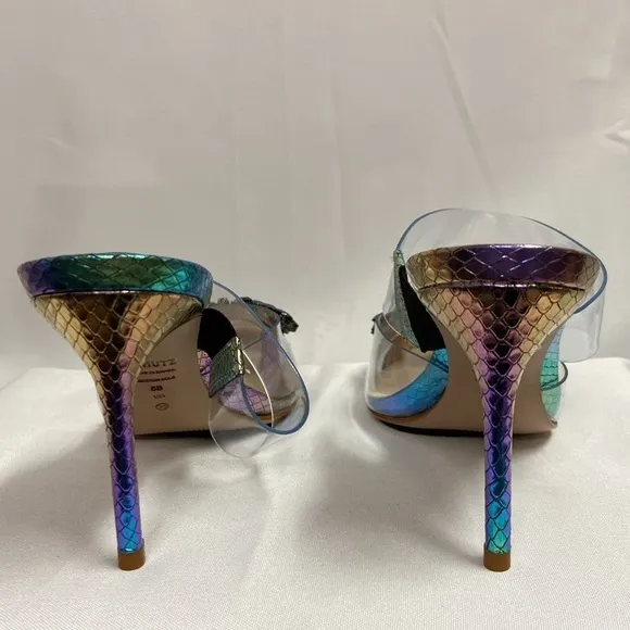 SCHUTZ  Shary Metallic Snake Rainbow Embellished Heels Size 6 NIB