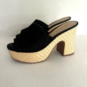 Schutz Tharley Black Suede Open-Toe Platform Block Heeled Mules Sandals Size 6.5