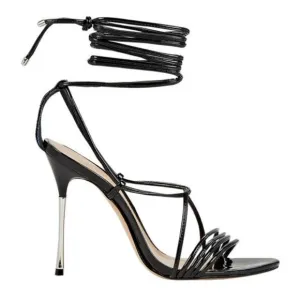 Schutz Womens Adeline Black Patent Leather Ankle Wrap Point Toe Sandal Heels 8.5