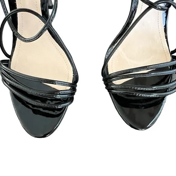 Schutz Womens Adeline Black Patent Leather Ankle Wrap Point Toe Sandal Heels 8.5