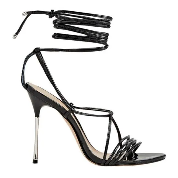Schutz Womens Adeline Black Patent Leather Ankle Wrap Point Toe Sandal Heels 8.5