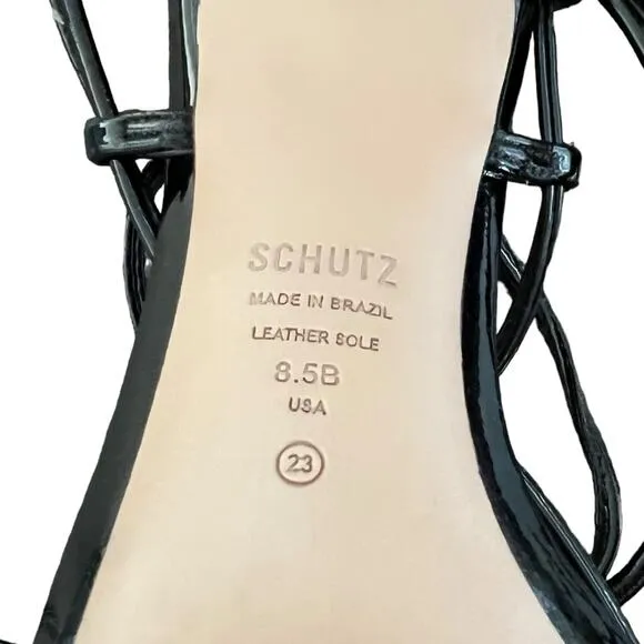 Schutz Womens Adeline Black Patent Leather Ankle Wrap Point Toe Sandal Heels 8.5