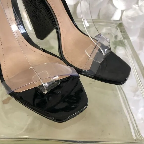 Schutz black leather 8.5  “Glitter” embellished open toe wedge heels
