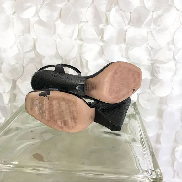 Schutz black leather 8.5  “Glitter” embellished open toe wedge heels
