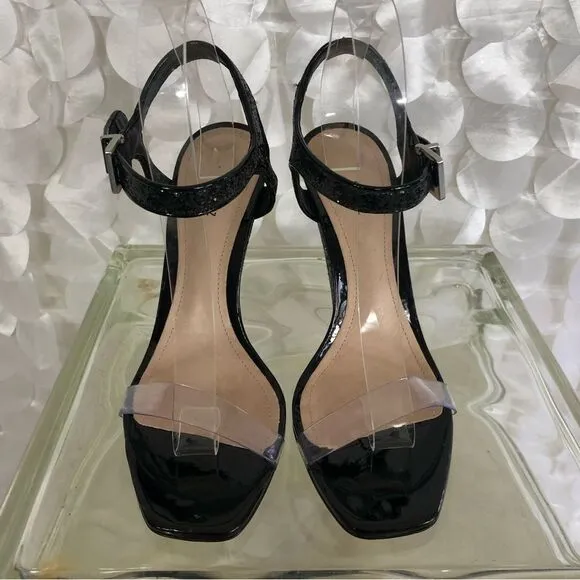 Schutz black leather 8.5  “Glitter” embellished open toe wedge heels