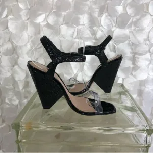 Schutz black leather 8.5  “Glitter” embellished open toe wedge heels