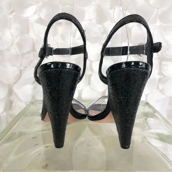 Schutz black leather 8.5  “Glitter” embellished open toe wedge heels