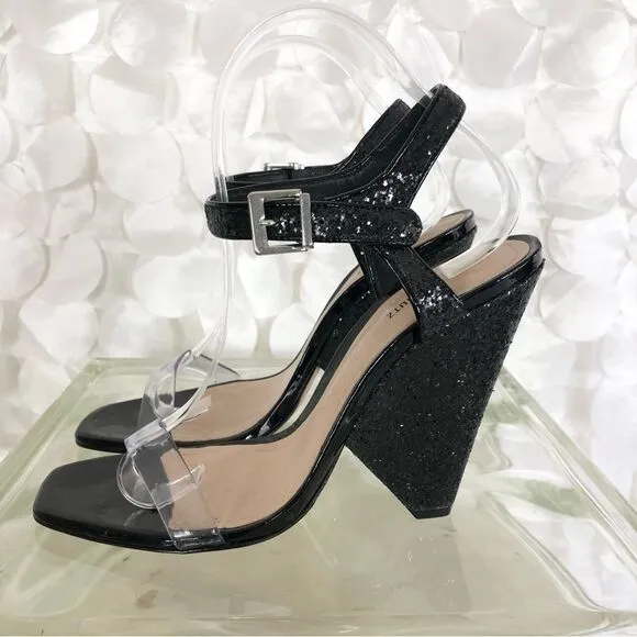 Schutz black leather 8.5  “Glitter” embellished open toe wedge heels