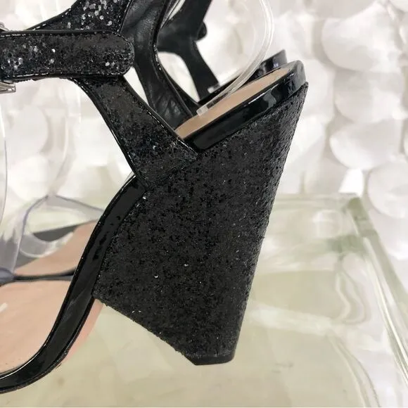 Schutz black leather 8.5  “Glitter” embellished open toe wedge heels
