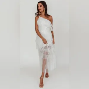 Selfie Leslie Arrabel White Tiered Ruffle Tulle One Shoulder Maxi Dress