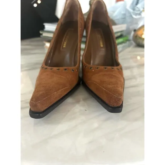Sergio Rossi Brown Suede Leather Pointed Toe Grommet Studded Heels (size 9)