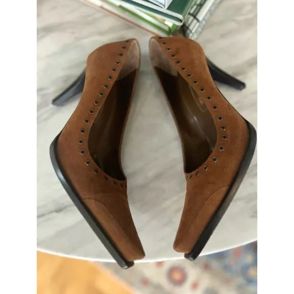 Sergio Rossi Brown Suede Leather Pointed Toe Grommet Studded Heels (size 9)