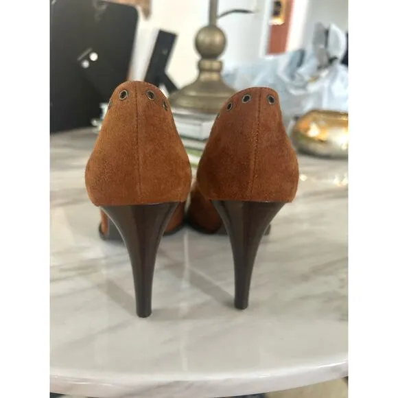 Sergio Rossi Brown Suede Leather Pointed Toe Grommet Studded Heels (size 9)