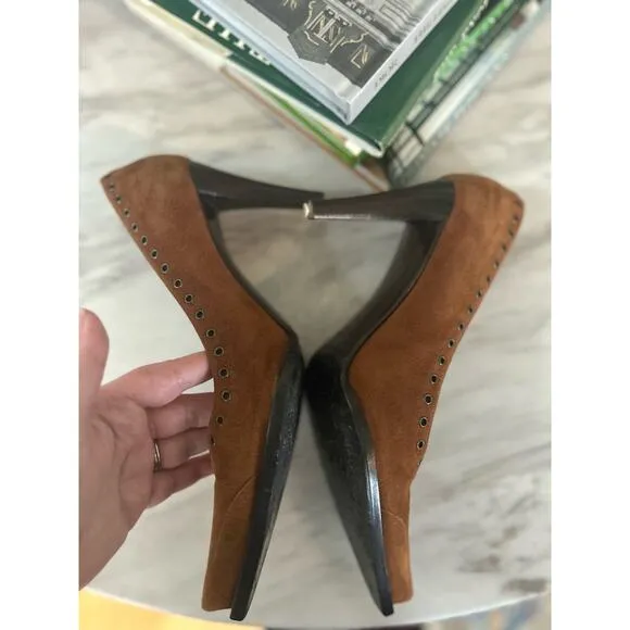 Sergio Rossi Brown Suede Leather Pointed Toe Grommet Studded Heels (size 9)