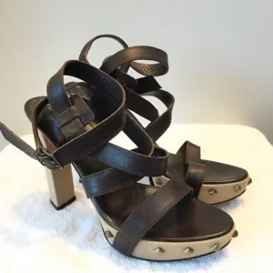 Sergio Rossi Womens Block Heel Platform Strappy Sandals Brown Leather Size 38.5