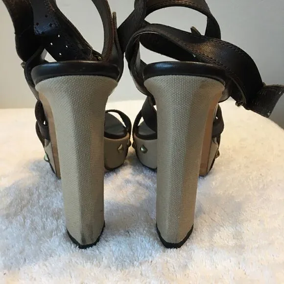 Sergio Rossi Womens Block Heel Platform Strappy Sandals Brown Leather Size 38.5