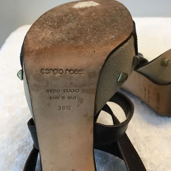Sergio Rossi Womens Block Heel Platform Strappy Sandals Brown Leather Size 38.5