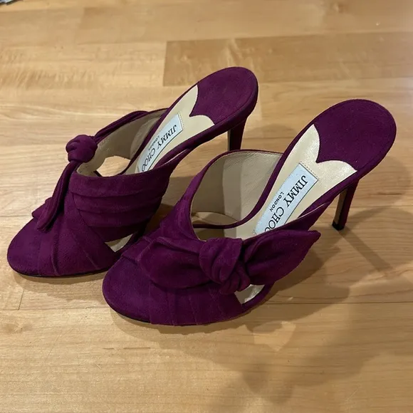 Sexy Jimmy Choo Keely suede magenta bow open toe mules heels sz 35