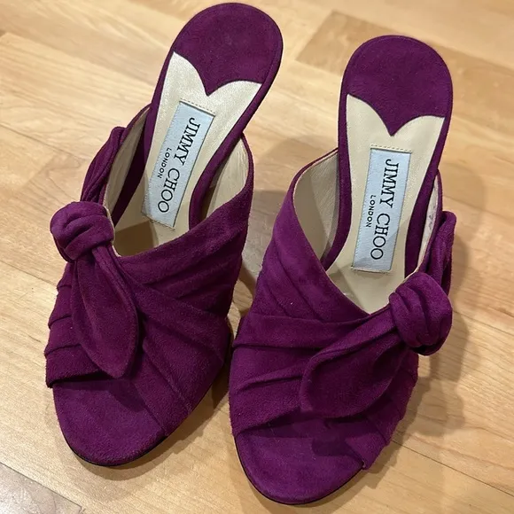 Sexy Jimmy Choo Keely suede magenta bow open toe mules heels sz 35