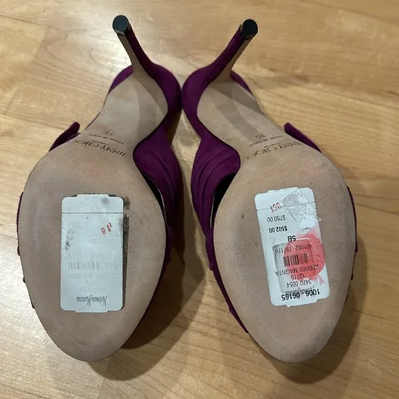 Sexy Jimmy Choo Keely suede magenta bow open toe mules heels sz 35