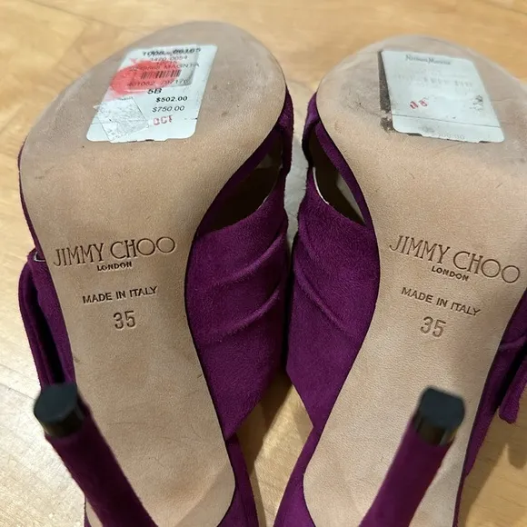 Sexy Jimmy Choo Keely suede magenta bow open toe mules heels sz 35