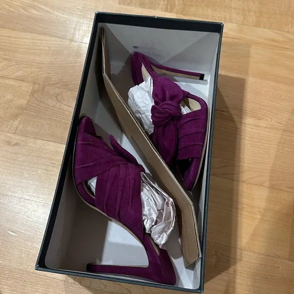 Sexy Jimmy Choo Keely suede magenta bow open toe mules heels sz 35