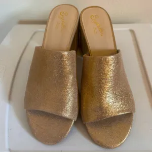 Seychelles Commute Gold Suede Leather Peep-Toe Mules