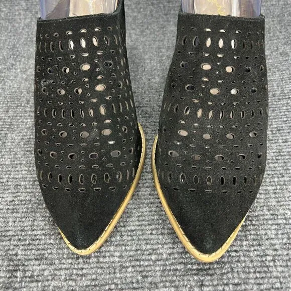 Seychelles Mules Heel Shoes Womens 8.5 Black Suede Lazer Cut Slides Pointed Toe