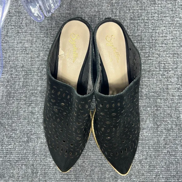 Seychelles Mules Heel Shoes Womens 8.5 Black Suede Lazer Cut Slides Pointed Toe